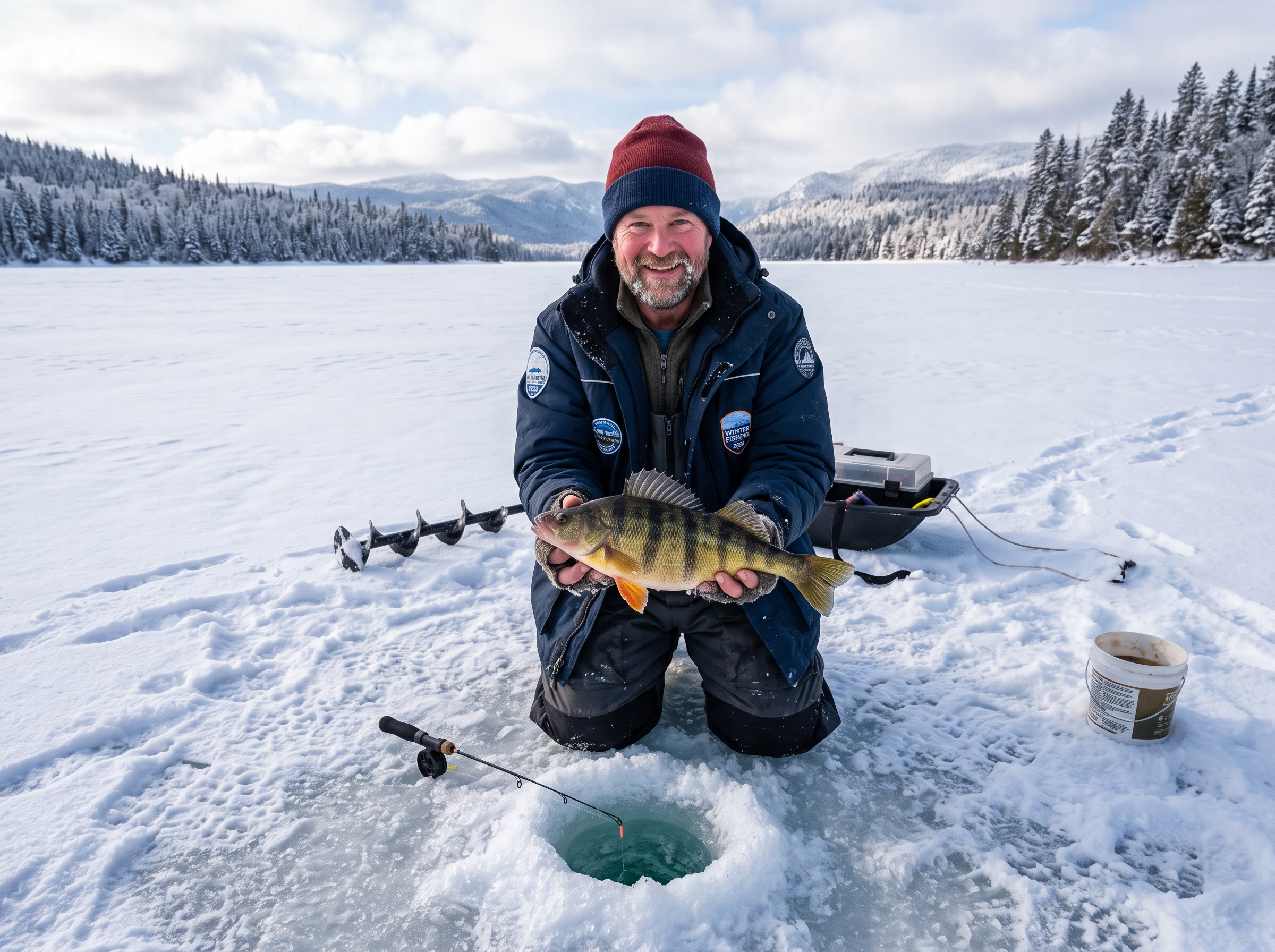 Fisherman holding catch from ice fishing