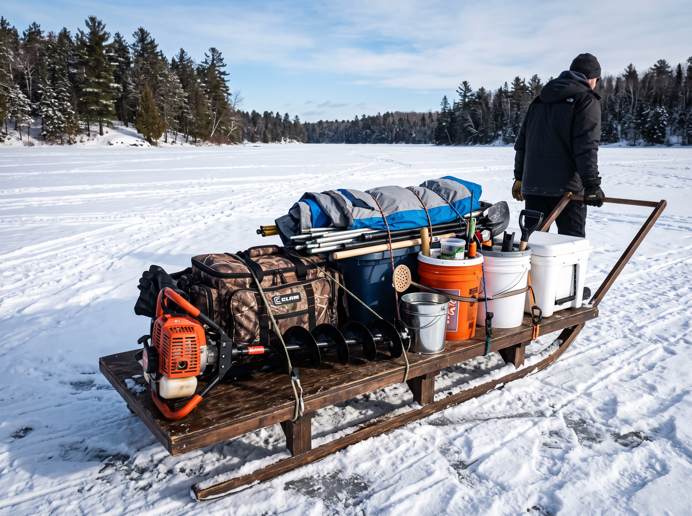 Ice fishing sled loaded with rental gear